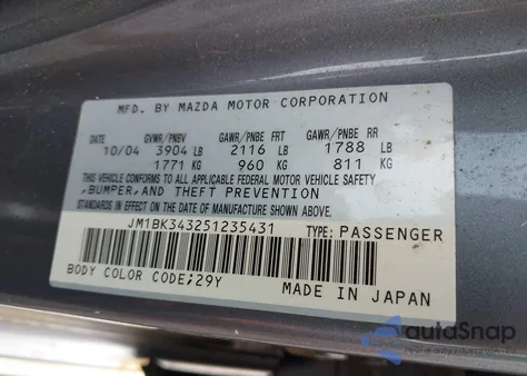 2005 Mazda Mazda3 S from USA, damaged, VIN JM1BK343251235431
